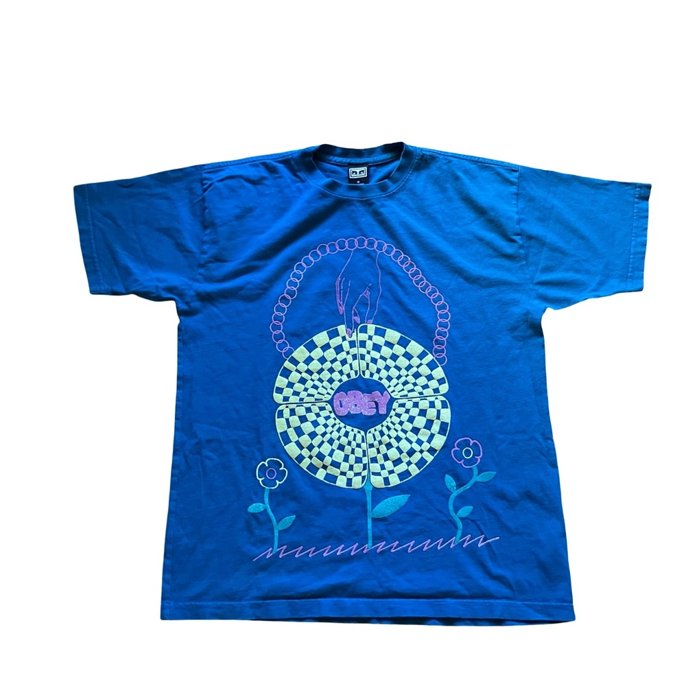 Obey Graphic Tshirt Puff Print Psychedelic Flowers M Blue Checkers Streetwear